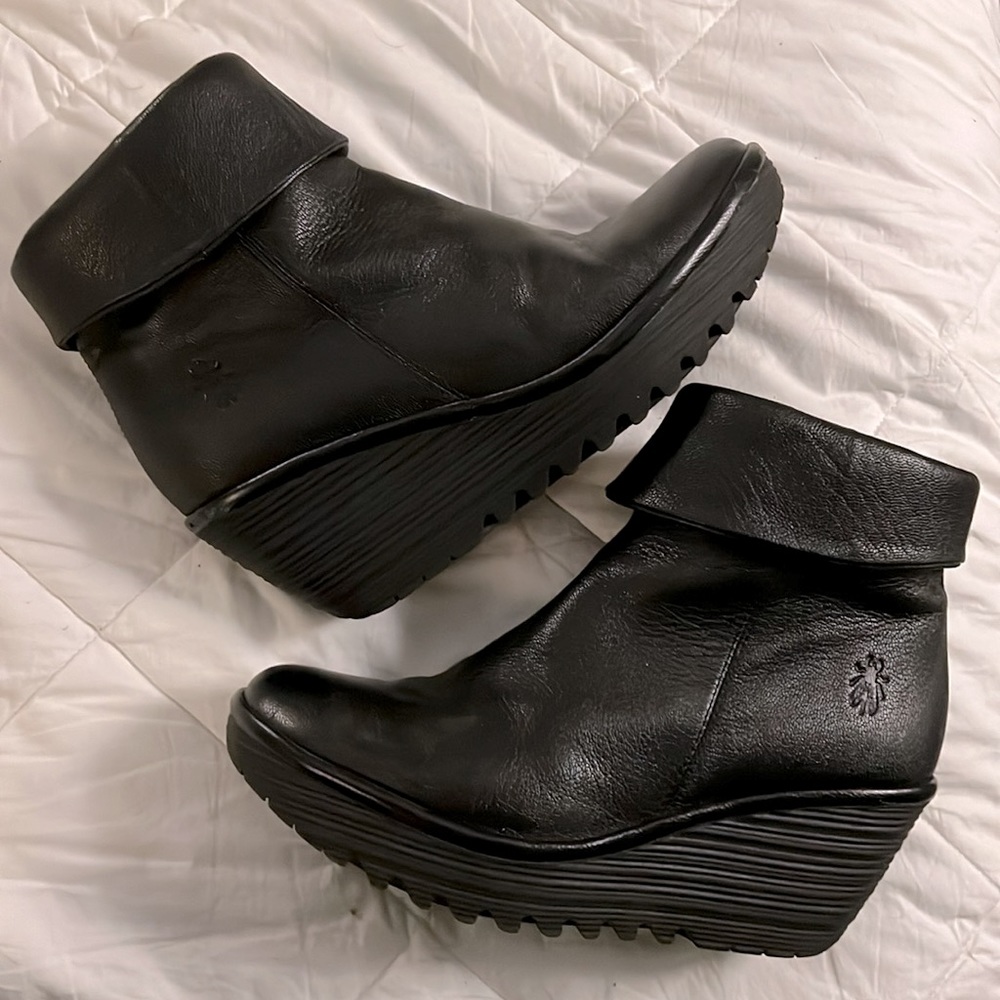 Fly London Black Wedge Ankle Boot/Booties with Fold Over Ankle Cuff